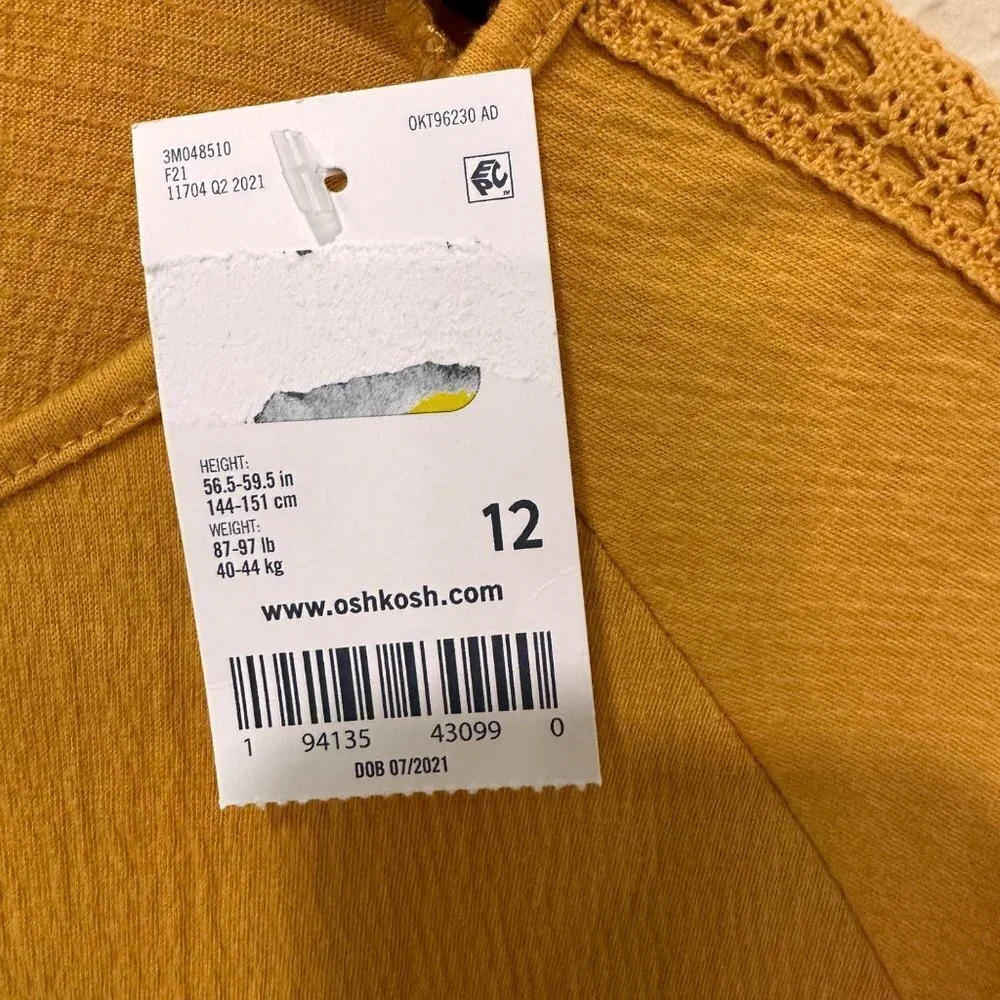 3/$30 NWT OshKosh B'gosh Mustard Tie-Up Shirt w/ Lace Detail‎ - Girls Size 12